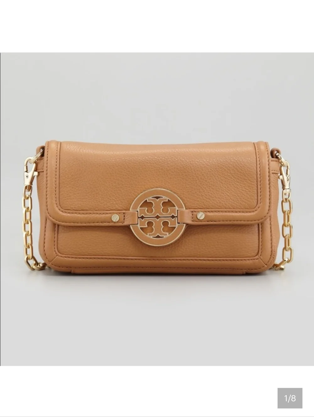 TORY BURCH Tan Leather Crossbody Bag Gold Logo Amanda Mini Chain Strap Purse